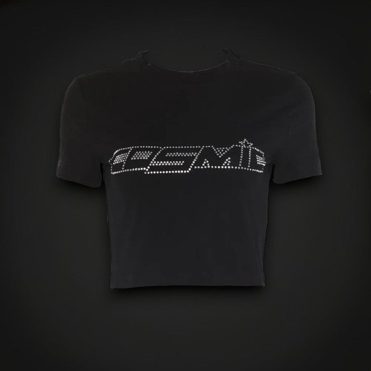 T-Shirt Crop Top Noir "COSMIC" Strass Femme